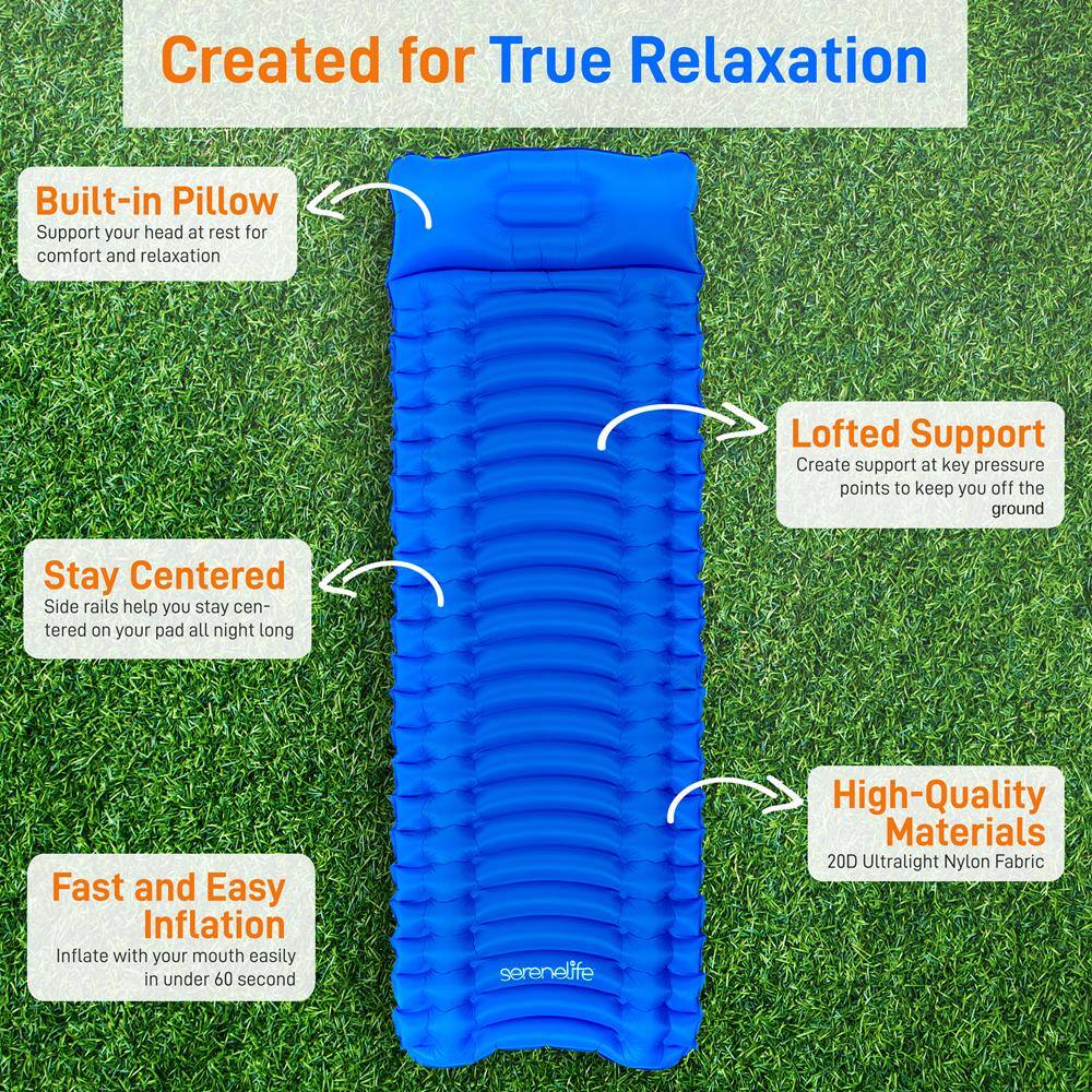 Created for True Relaxation

- Built-in Pillow: Support your head at rest for comfort and relaxation
- Lofted Support: Create support at key pressure points to keep you off the ground
- Stay Centered: Side rails help you stay centered on your pad all night long
- Fast and Easy Inflation: Inflate with your mouth easily in under 60 seconds
- High-Quality Materials: 20D Ultralight Nylon Fabric