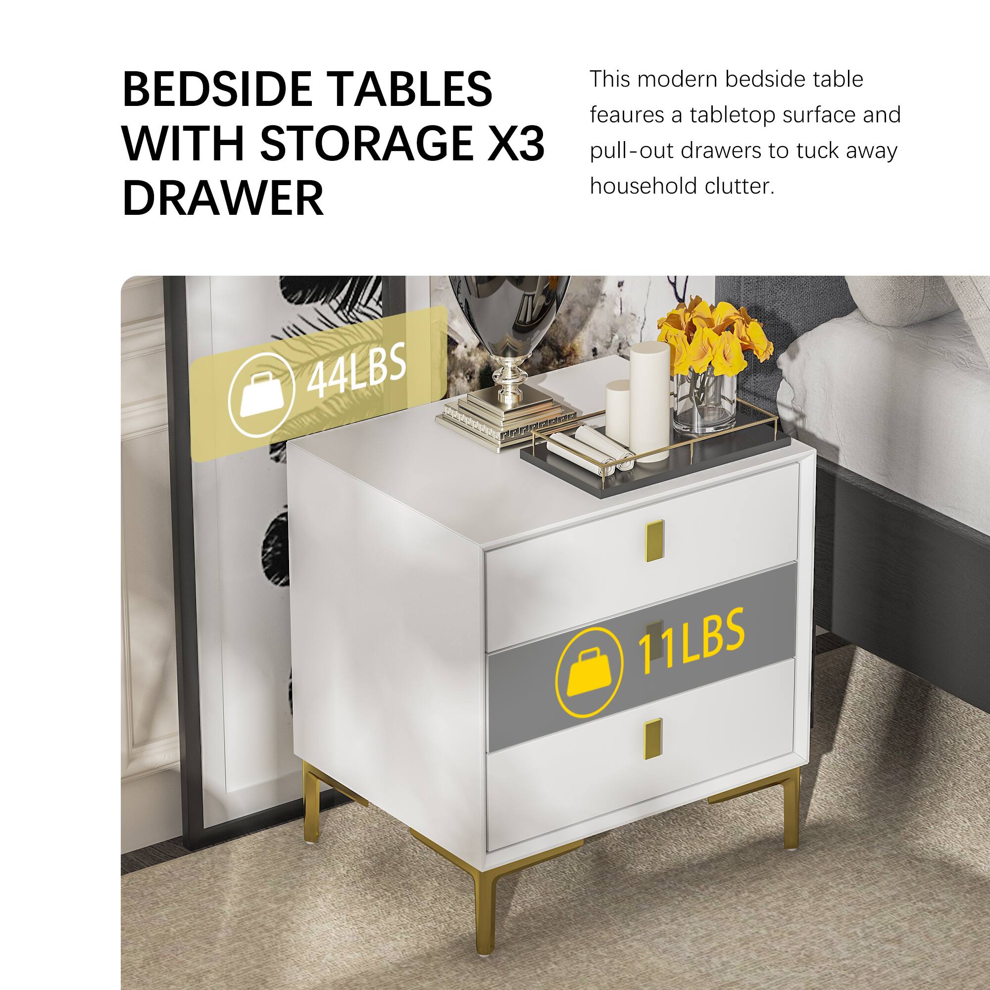 This modern bedside table features a tabletop surface and pull-out drawers to tuck away household clutter.

BEDSIDE TABLES WITH STORAGE X3 DRAWER

44LBS

11LBS