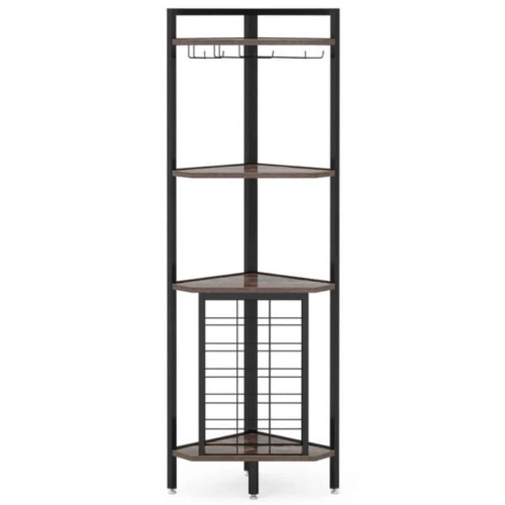 Hivvago - Industrial Corner Wine Rack Storage Shelving Unit with Glass Holders - Black, Walnut