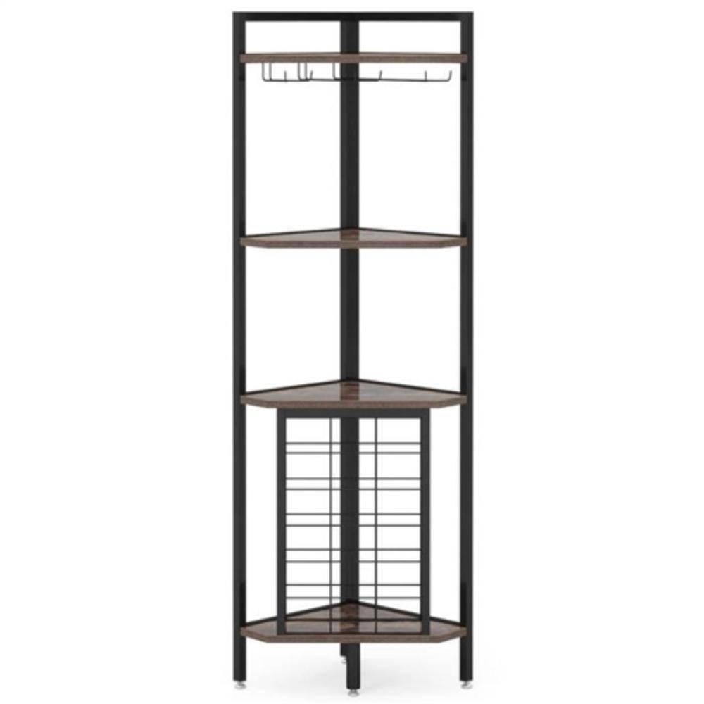Front. Hivvago - Industrial Corner Wine Rack Storage Shelving Unit with Glass Holders - Black, Walnut.