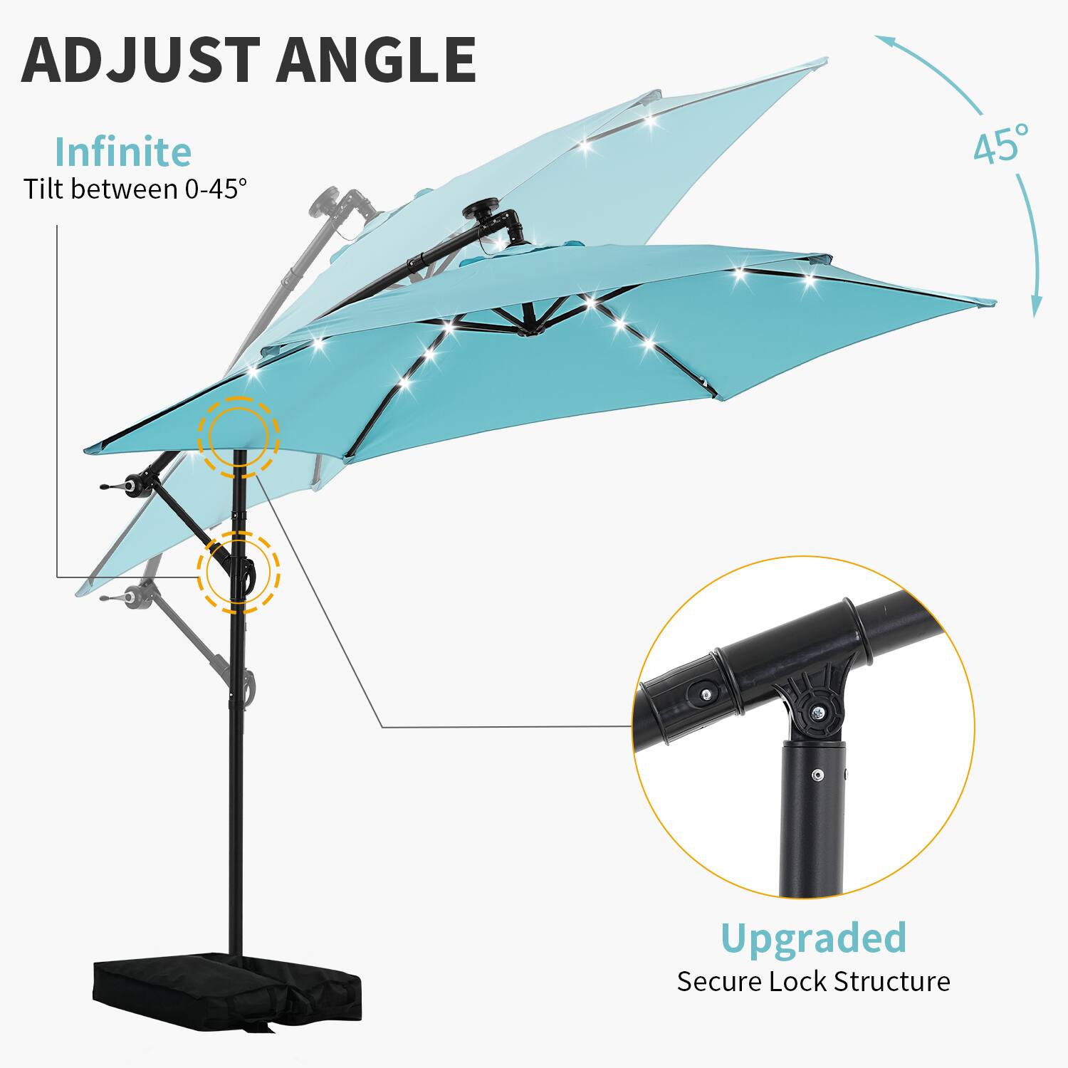 ADJUST ANGLE  
Infinite Tilt between 0-45°  

Upgraded Secure Lock Structure