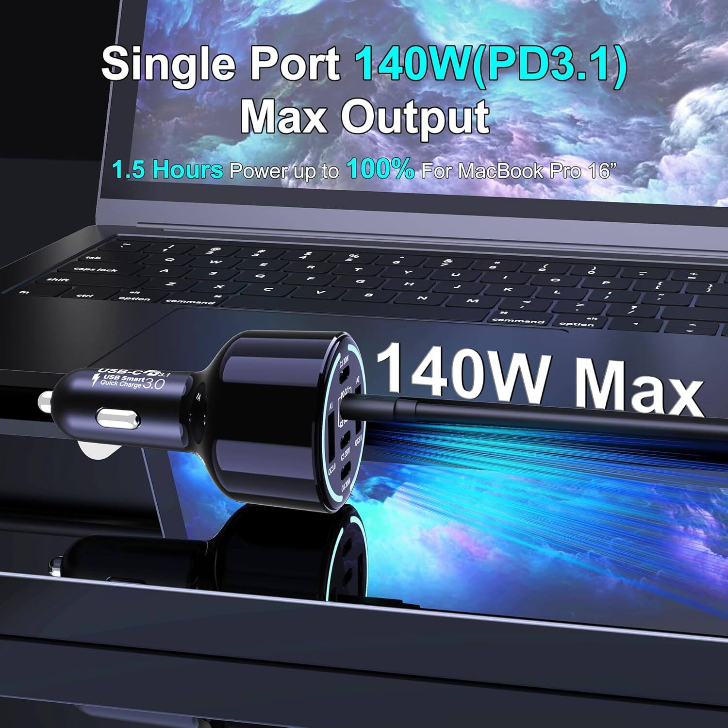 Single Port 140W(PD3.1) Max Output  
1.5 Hours Power up to 100% For MacBook Pro 16"  
USB-C PD 1.5  
USB Smart Charge 3.0  
140W Max