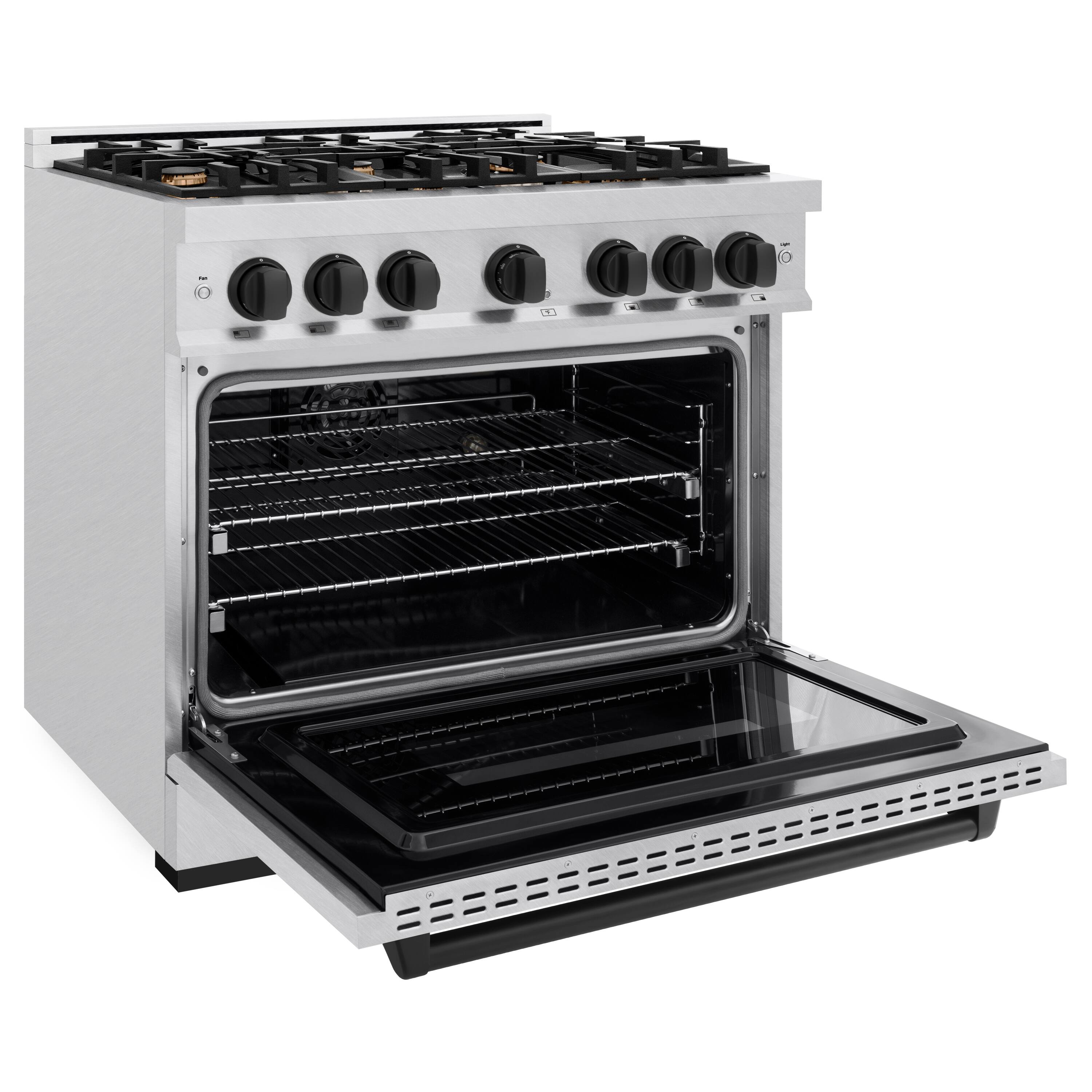 Left. ZLINE - ZLINE Autograph 36 in. Classic Dual Fuel Satin Steel Range w/ 6 Burners & Black Accents (CDRSZ-36-MB) - Stainless Steel.