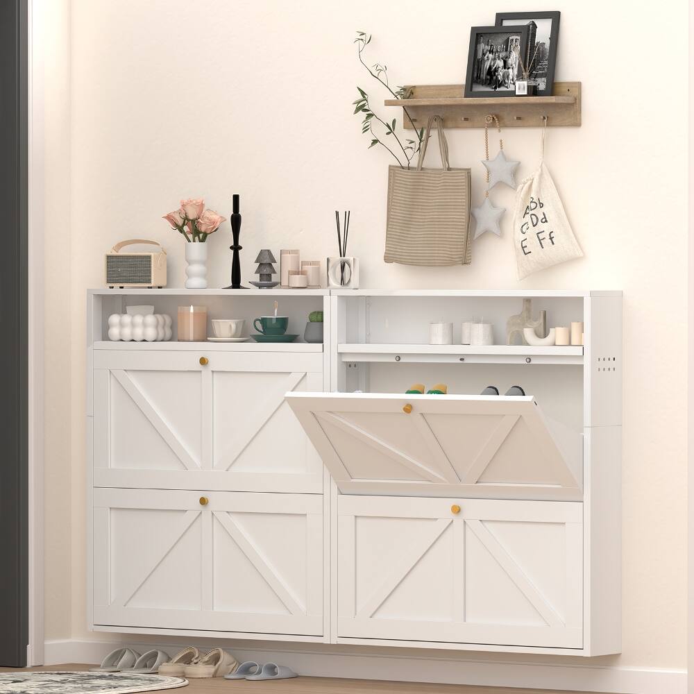 Front. Loheer - Loheer White Metal Shoe Cabinet, 2 Flip Drawer Shoe Organizer, Wall Mounted Slim Entryway Storage - White.