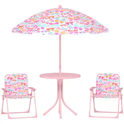 Front. Qaba - Picnic Table and Chair Set, Outdoor Table with Foldable Chairs - Pink.