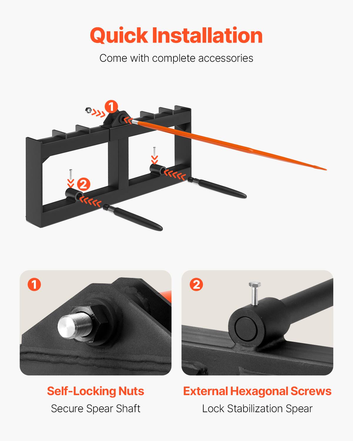 Quick Installation  
Come with complete accessories

1. Self-Locking Nuts  
   Secure Spear Shaft

2. External Hexagonal Screws  
   Lock Stabilization Spear