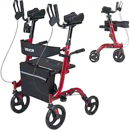 VEVOR - Rollator Walker with Seat for Seniors, Foldable Rolling Walker, Lightweight Aluminum Mobility Walking Aid - Black;Red