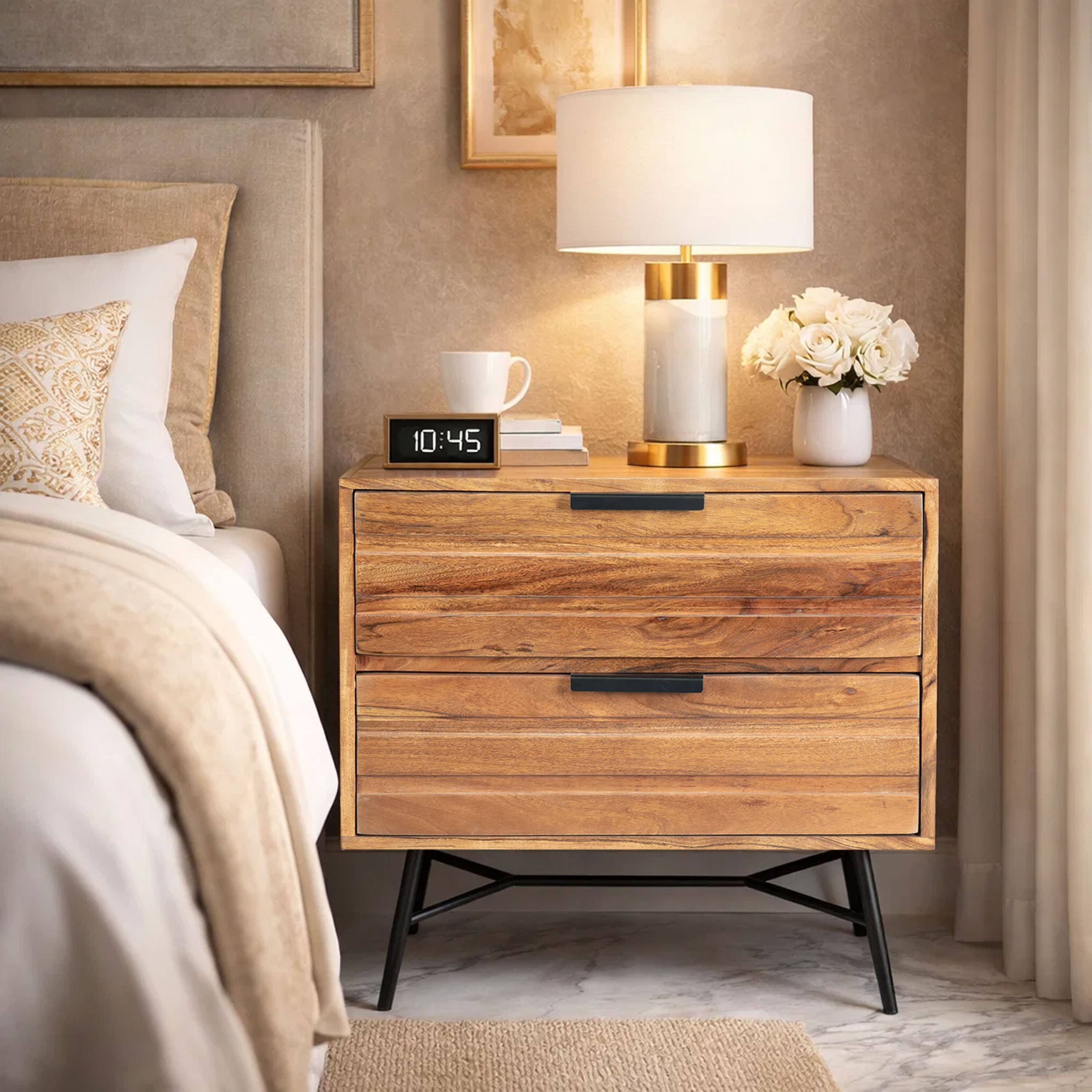 Alt View 4. Manhattan Lane - 2 Drawer Wooden Nightstand with Metal Angled Legs - Brown and Black.