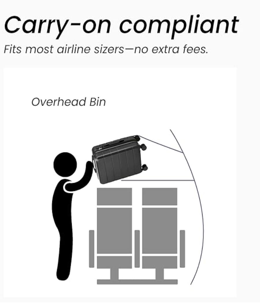 Carry-on compliant  
Fits most airline sizers—no extra fees.  
Overhead Bin