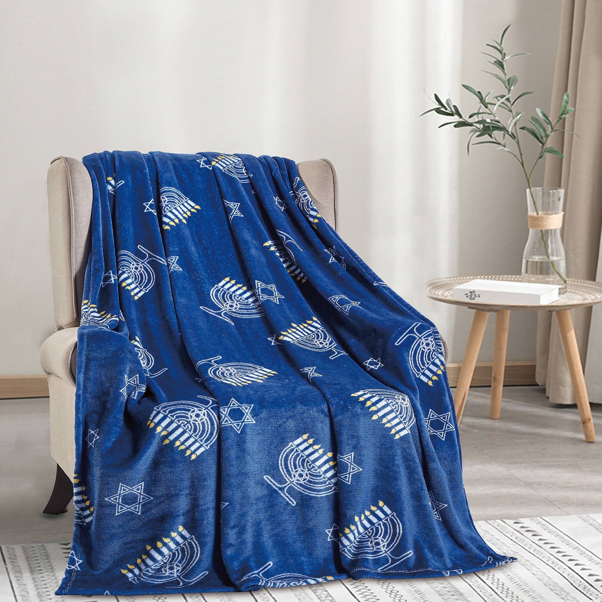 Alt View 3. Noble House - Hannukah Micro Plush Decorative Throw Blanket 50" x 60" Blue by Plazatex - Blue.