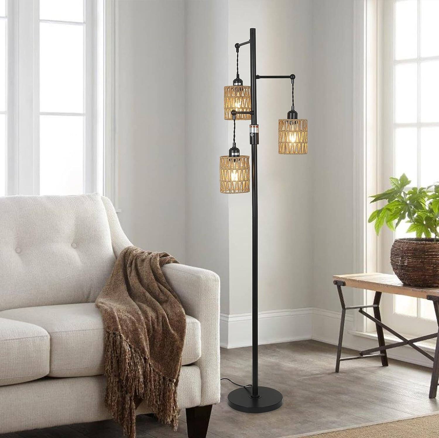 Alt View 3. Z-Edge - Dimmable Boho Floor Lamp - 3 Light Farmhouse Rattan Floor Lamp for Living Room, Industrial Tree Floor Lamps for Bedroom - Black.