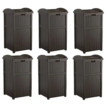Front. Suncast - Suncast Trash Hideaway Outdoor Patio 33 Gal Garbage Waste Trash Can Bin (6 Pack) - Java Brown.