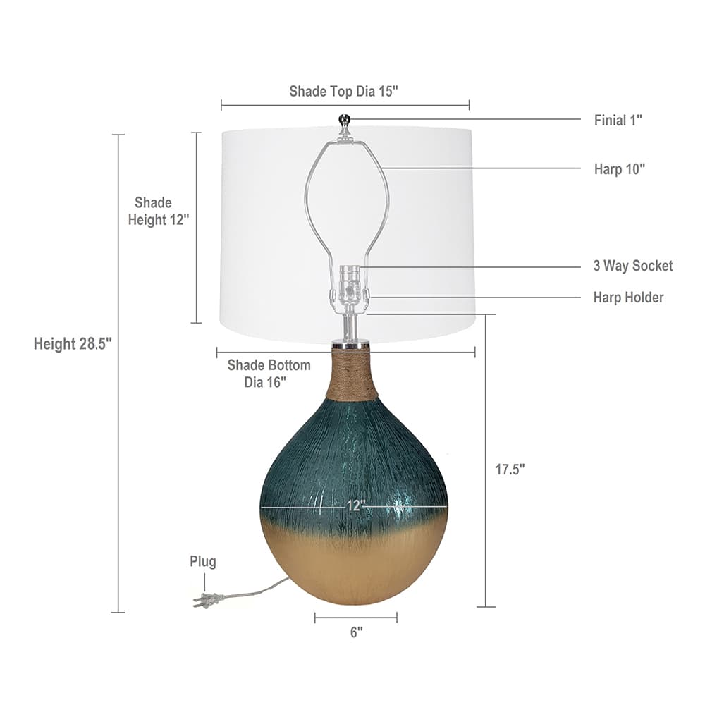 Shade Top Dia 15"  
Finial 1"  
Harp 10"  
Shade Height 12"  
3 Way Socket  
Harp Holder  
Height 28.5"  
Shade Bottom Dia 16"  
17.5"  
12"  
Plug 6"
