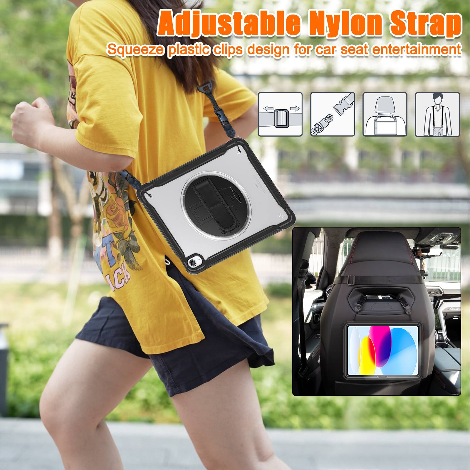 Adjustable Nylon Strap  
Squeeze plastic clips design for car seat entertainment