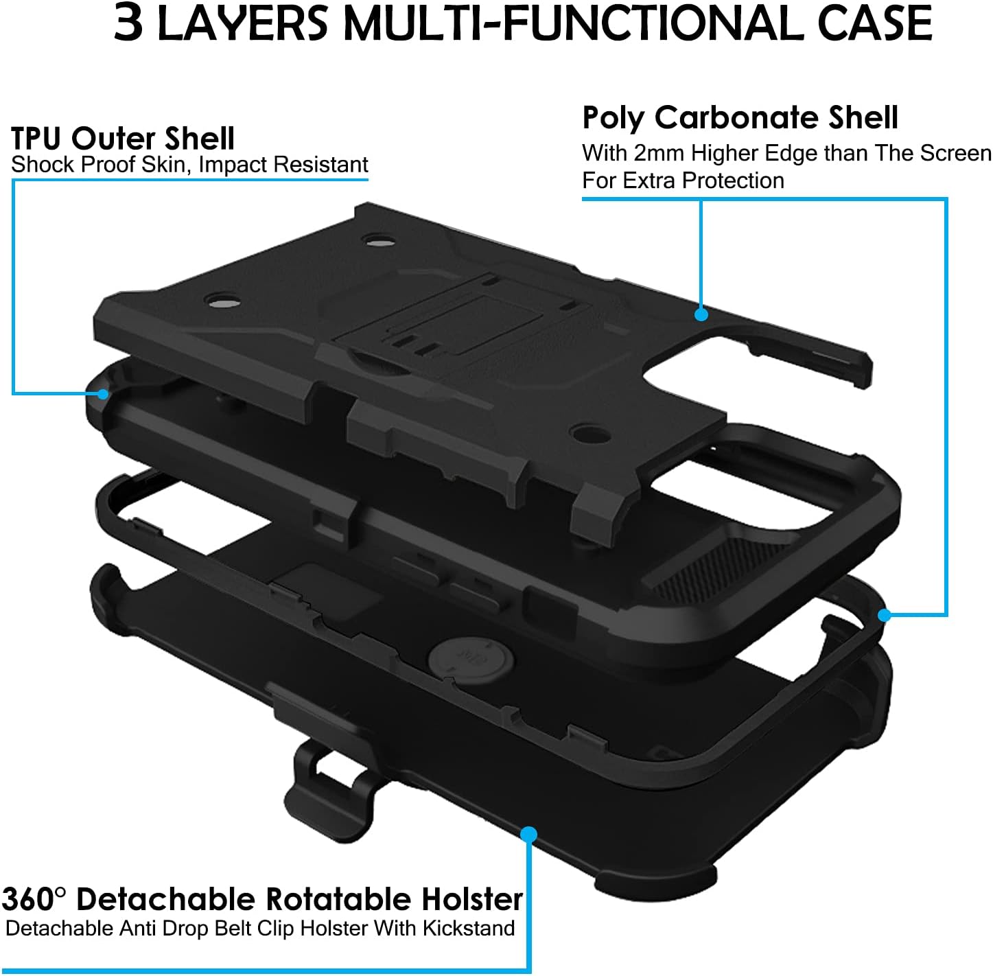 3 LAYERS MULTI-FUNCTIONAL CASE

TPU Outer Shell
Shock Proof Skin, Impact Resistant

Poly Carbonate Shell
With 2mm Higher Edge than The Screen For Extra Protection

360° Detachable Rotatable Holster
Detachable Anti Drop Belt Clip Holster With Kickstand
