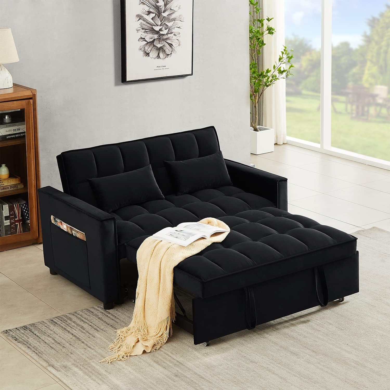 Trinkets Crazed - Sofa Bed Couch Sleeper Loveseat Convertible Pull-Out Bed Couch With Side Pockets for Small Space - Black