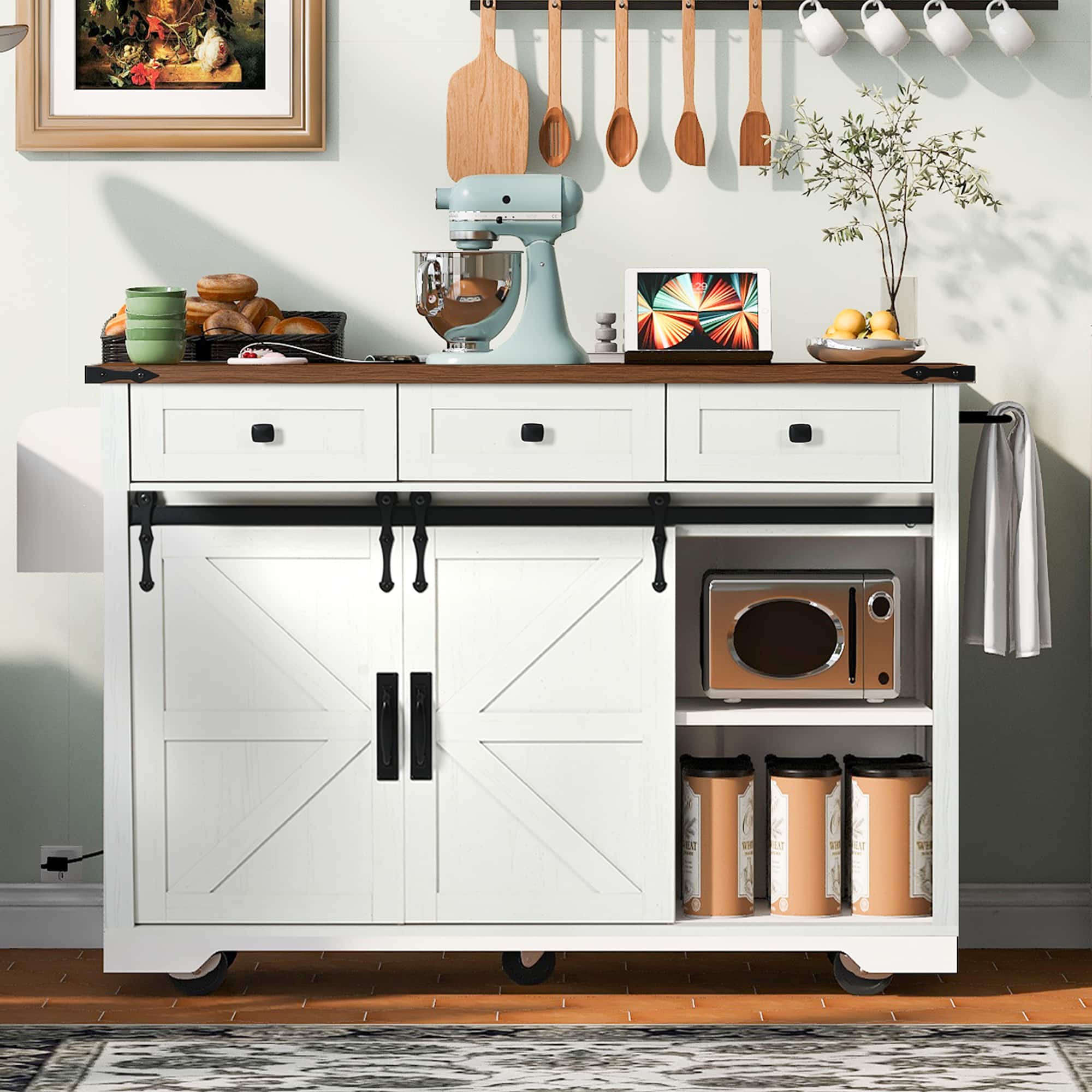 Alt View 6. Ecooso - 53.7" Large Farmhouse Kitchen Island, Sliding Barn Doors, Built-in Outlets, and Ample Storage on Lockable Wheels - White.