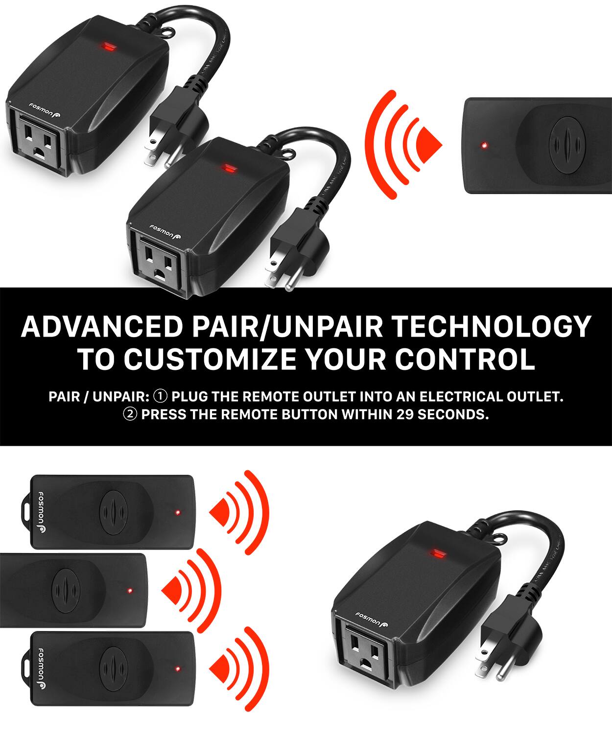 ADVANCED PAIR/UNPAIR TECHNOLOGY TO CUSTOMIZE YOUR CONTROL
PAIR / UNPAIR: 1 PLUG THE REMOTE OUTLET INTO AN ELECTRICAL OUTLET.
2 PRESS THE REMOTE BUTTON WITHIN 29 SECONDS.