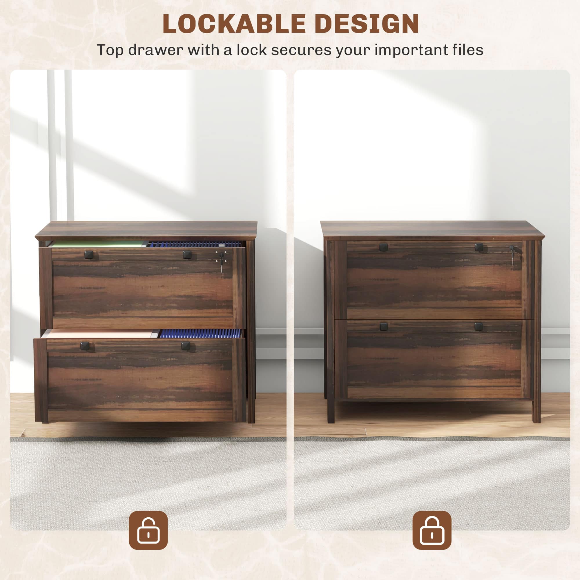 LOCKABLE DESIGN
Top drawer with a lock secures your important files