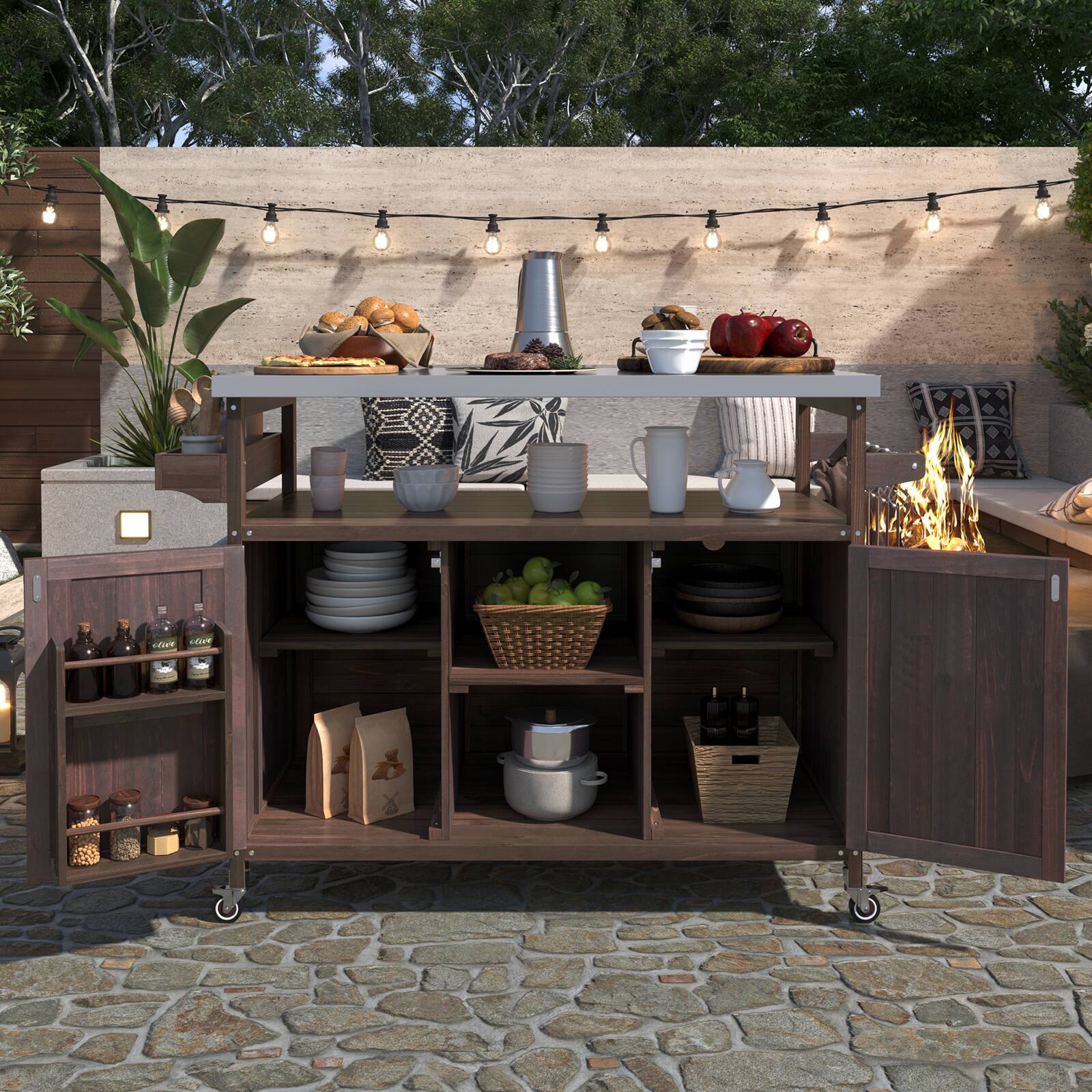 Alt View 7. Chateau Abodes - Outdoor Kitchen Island with Stainless Steel Top, Farmhouse Solid Wood Cabinet, Spice Rack & Towel Rack - Dark Brown.