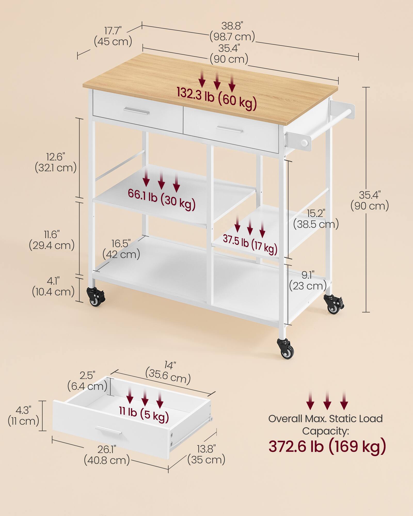 17.7" (45 cm)  
38.8" (98.7 cm)  
35.4" (90 cm)  
132.3 lb (60 kg)  
12.6" (32.1 cm)  
11.6" (29.4 cm)  
4.1" (10.4 cm)  
66.1 lb (30 kg)  
16.5" (42 cm)  
37.5 lb (17 kg)  
15.2" (38.5 cm)  
9.1" (23 cm)  
4.3" (11 cm)  
14" (35.6 cm) (6.4 cm)  
11 lb (5 kg)  
26.1" (66.3 cm)  
13.8" (35 cm)  
Overall Max. Static Load Capacity: 372.6 lb (169 kg)