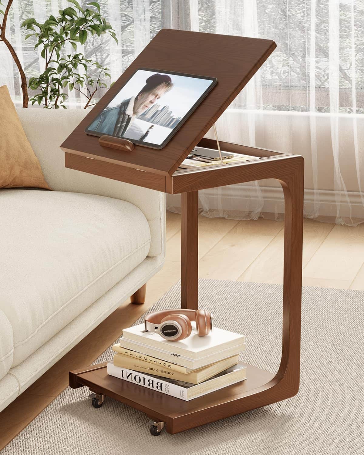 Fabibe - Wooden C-shaped End Table Couch With Adjustable Desktop Small Rolling Side 2 Lockable Wheels 23.36" Width For - Walnut 15.6"D x 15.7"W x 24.8"H Modern 2 Tier