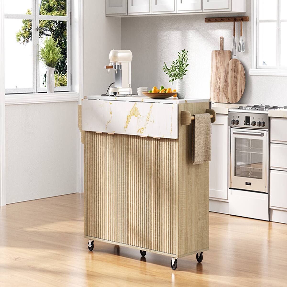 Alt View 1. Loheer - 55.5 inch fluted kitchen island with 2 drop leaf, faux marble top kitchen island, rolling kitchen cart with power outlet - Natural.