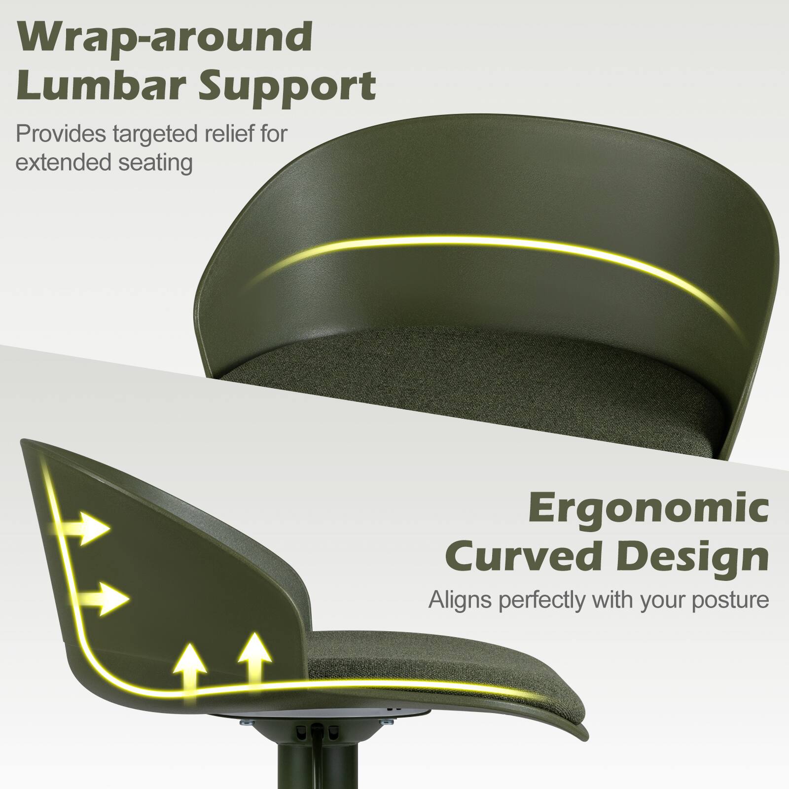 Wrap-around Lumbar Support  
Provides targeted relief for extended seating  

Ergonomic Curved Design  
Aligns perfectly with your posture