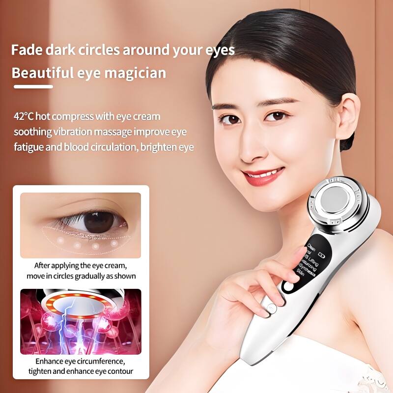 Fade dark circles around your eyes  
Beautiful eye magician  

42°C hot compress with eye cream  
soothing vibration massage improve eye fatigue and blood circulation, brighten eye  

After applying the eye cream, move in circles gradually as shown  

Enhance eye circumference, tighten and enhance eye contour