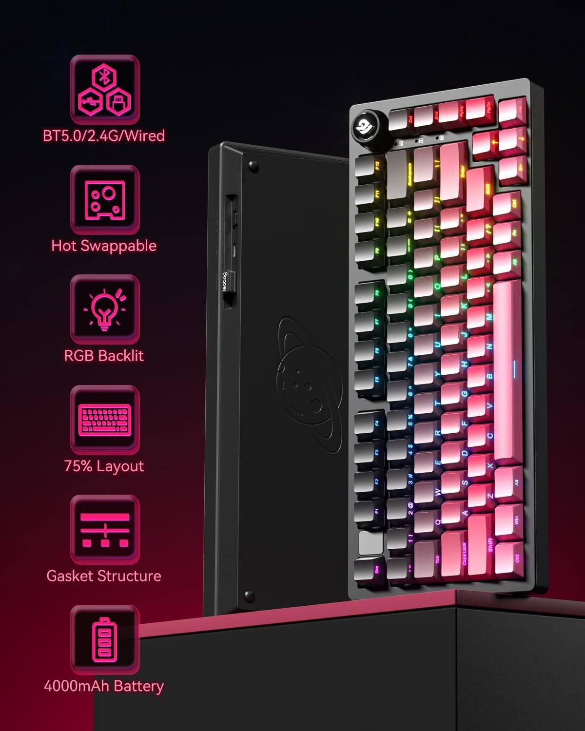 BT5.0/2.4G/Wired  
Hot Swappable  
RGB Backlit  
75% Layout  
Gasket Structure  
4000mAh Battery
