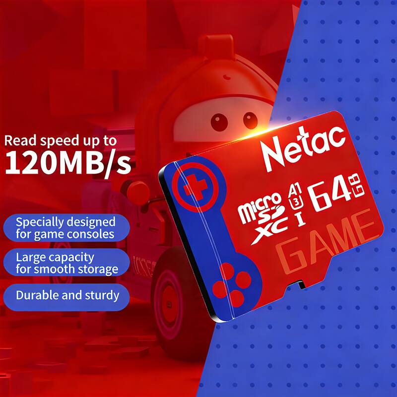 Read speed up to 120MB/s  
Specially designed for game consoles  
Large capacity for smooth storage  
Durable and sturdy  

Netac  
A1 64 GB  
microSDXC I  
GAME