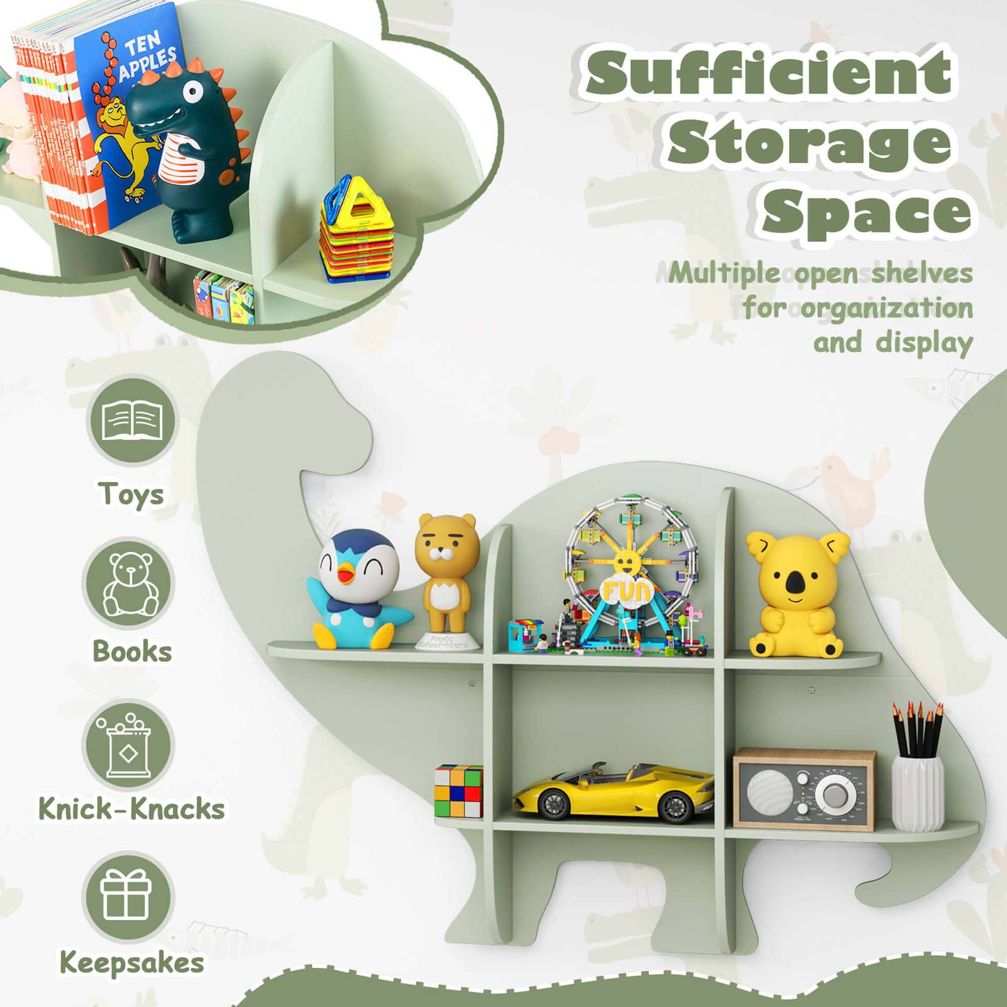 Sufficient Storage Space  
Multiple open shelves for organization and display  

Toys  
Books  
Knick-Knacks  
Keepsakes