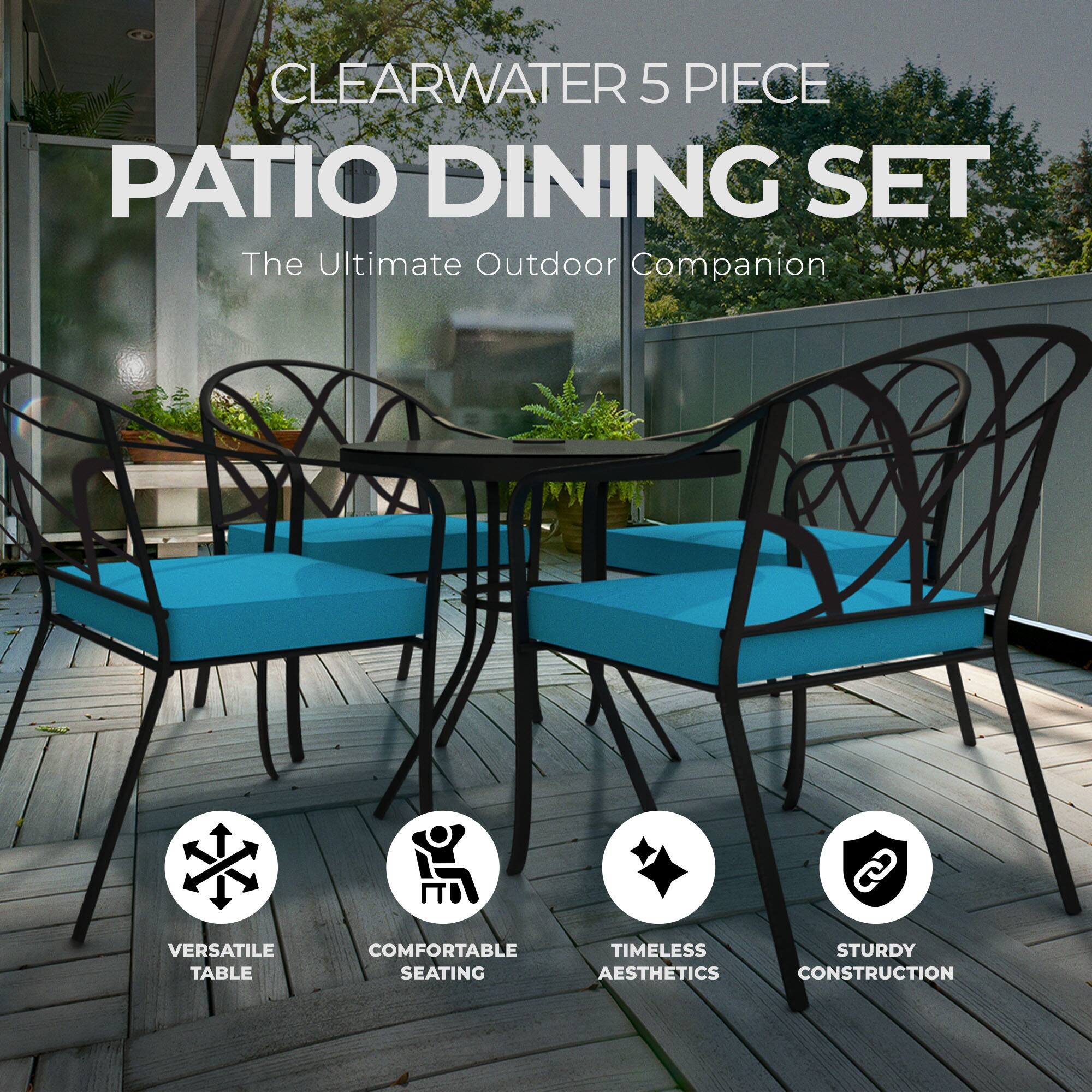 CLEARWATER 5 PIECE PATIO DINING SET  
The Ultimate Outdoor Companion  

VERSATILE TABLE  
COMFORTABLE SEATING  
TIMELESS AESTHETICS  
STURDY CONSTRUCTION