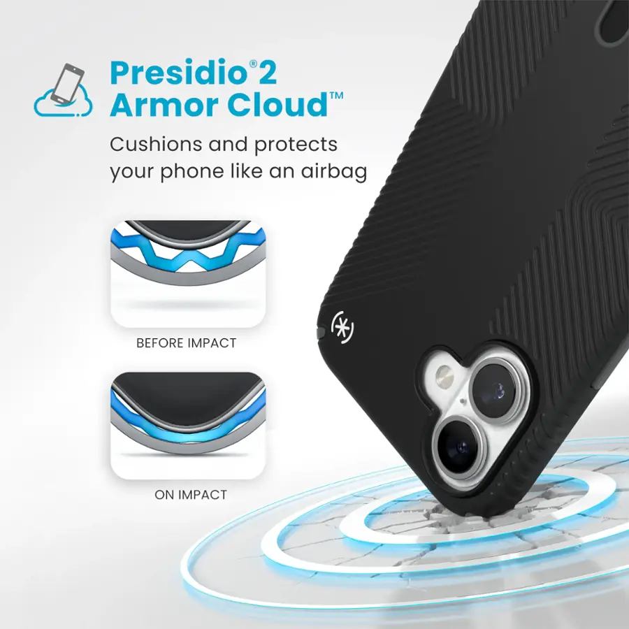 Presidio2 Armor Cloud: Cushions and protects your phone like an airbag BEFORE IMPACT *) ON IMPACT
