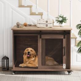Acekool - Dog Crate Furniture,37 Inch Indoor Dog Cage with Sliding Barn Door, Flip Top Dog Kennel End Table, Brown