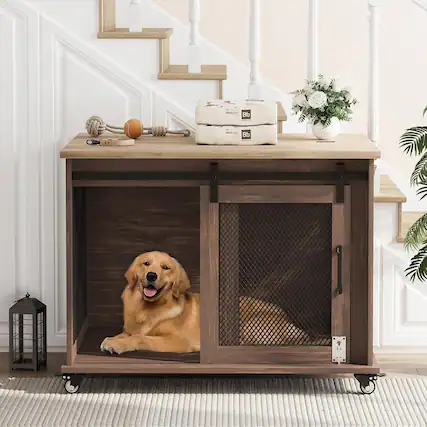 Front. Acekool - Dog Crate Furniture,37 Inch Indoor Dog Cage with Sliding Barn Door, Flip Top Dog Kennel End Table, Brown.