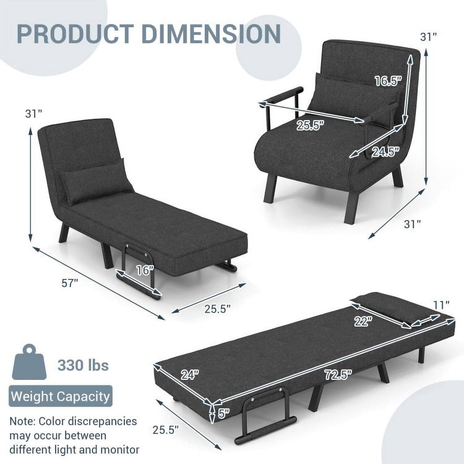 PRODUCT DIMENSION

- 31" (Height)
- 16.5" (Armrest Height)
- 25.5" (Armrest Width)
- 24.5" (Seat Width)
- 31" (Back Height)
- 57" (Length)
- 16" (Leg Height)
- 25.5" (Seat Depth)
- 22" (Footrest Width)
- 11" (Footrest Height)
- 72.5" (Trundle Length)
- 24" (Trundle Width)
- 5" (Trundle Height)

Weight Capacity: 330 lbs

Note: Color discrepancies may occur between different light and monitor.