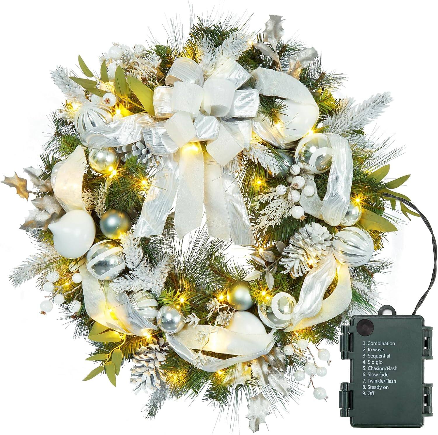 GARVEE - 30 Inch Christmas Wreath with Lights, Lighted Large Outdoor Christmas Door Wreath with 40 Battery Operated LED Lights - Green