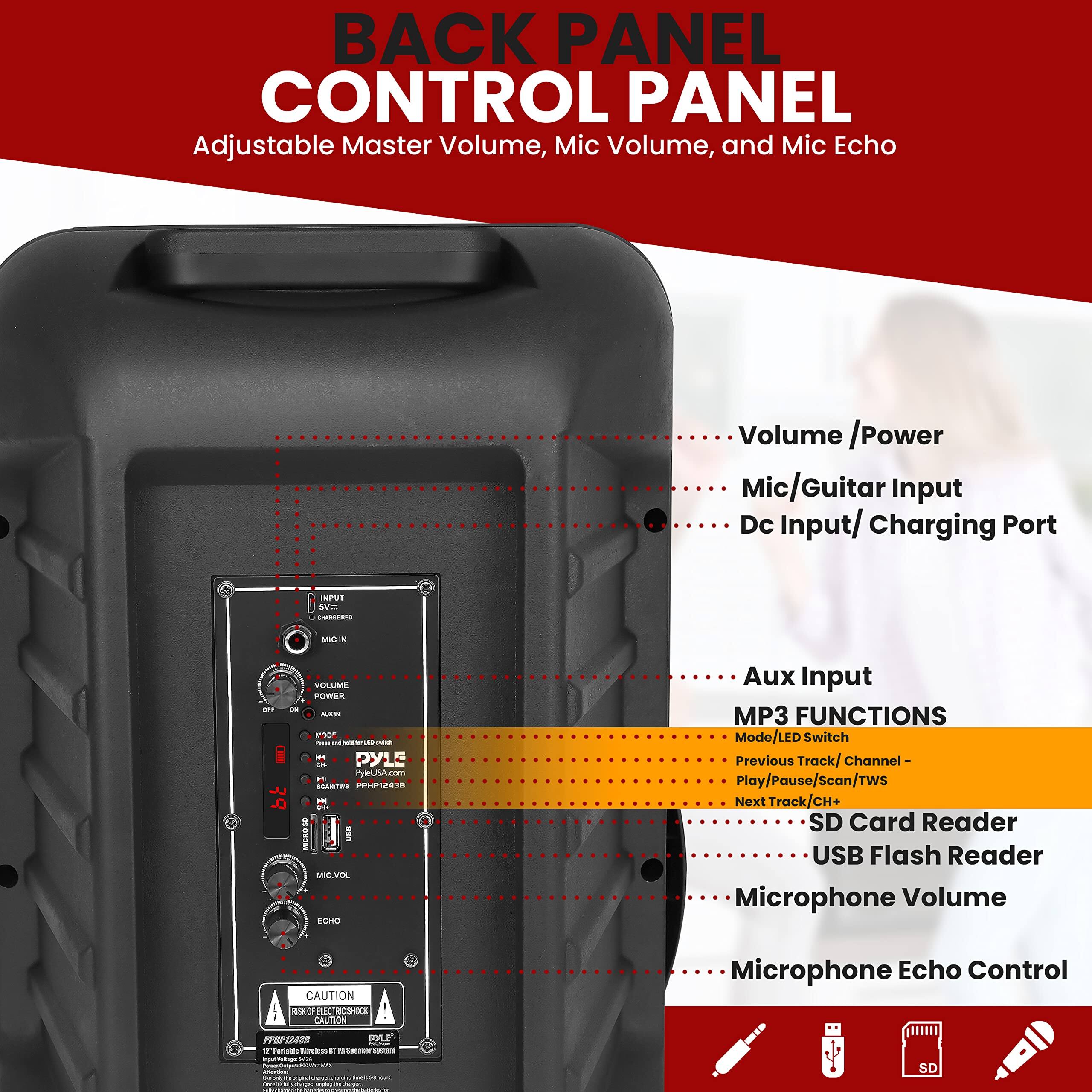 **BACK PANEL CONTROL PANEL**

Adjustable Master Volume, Mic Volume, and Mic Echo

- Volume / Power
- Mic/Guitar Input
- Dc Input / Charging Port
- Aux Input
- MP3 FUNCTIONS
  - Mode/LED Switch
  - Previous Track/ Channel
  - Play/Pause/Scan/TWS
  - Next Track/CH+
  - SD Card Reader
  - USB Flash Reader
  - Microphone Volume
  - Microphone Echo Control

**CAUTION - RISK OF ELECTRIC SHOCK**

PYLE
PYLEUSA.com

PFL12ADS
PFL12ADS