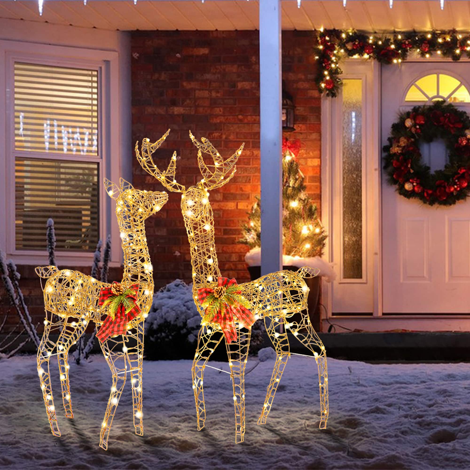 Alt View 2. Costway - 2 PCS Pre-lit Christmas Reindeer Family Deer Decoration with 200 LED Lights - Gold.