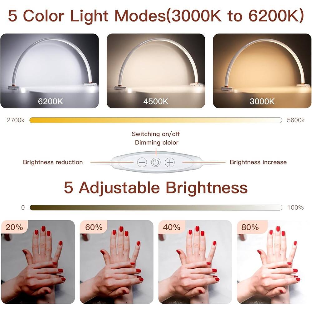 5 Color Light Modes (3000K to 6200K)

- 6200K
- 4500K
- 3000K

Switching on/off Dimming color

Brightness reduction I + Brightness increase

5 Adjustable Brightness

- 0
- 20%
- 40%
- 60%
- 80%
- 100%