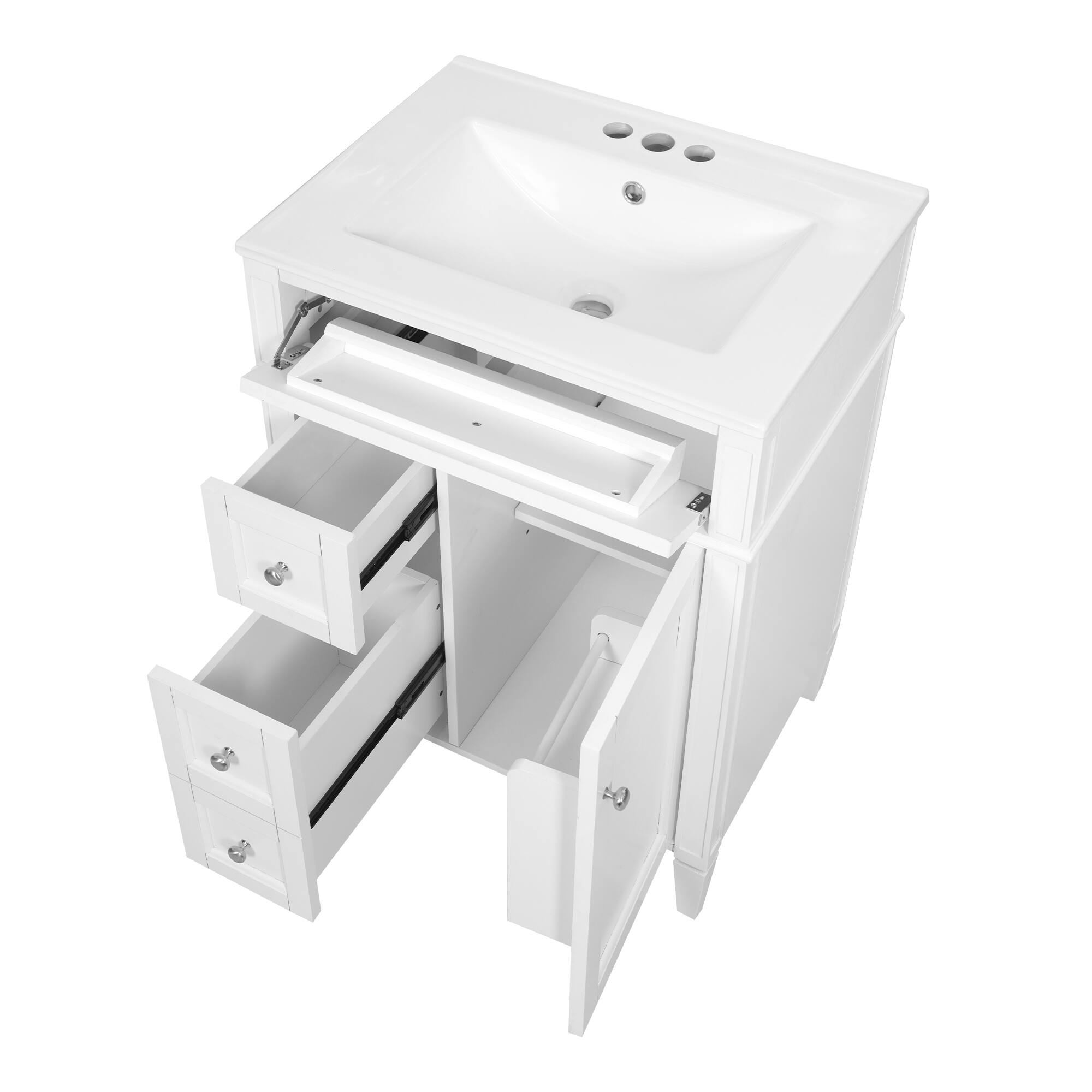 Alt View 1. Whisen - 24" Bathroom Vanity with Ceramic Sink Top and 3 Drawers Modern Single Sink Storage Cabinet - White.