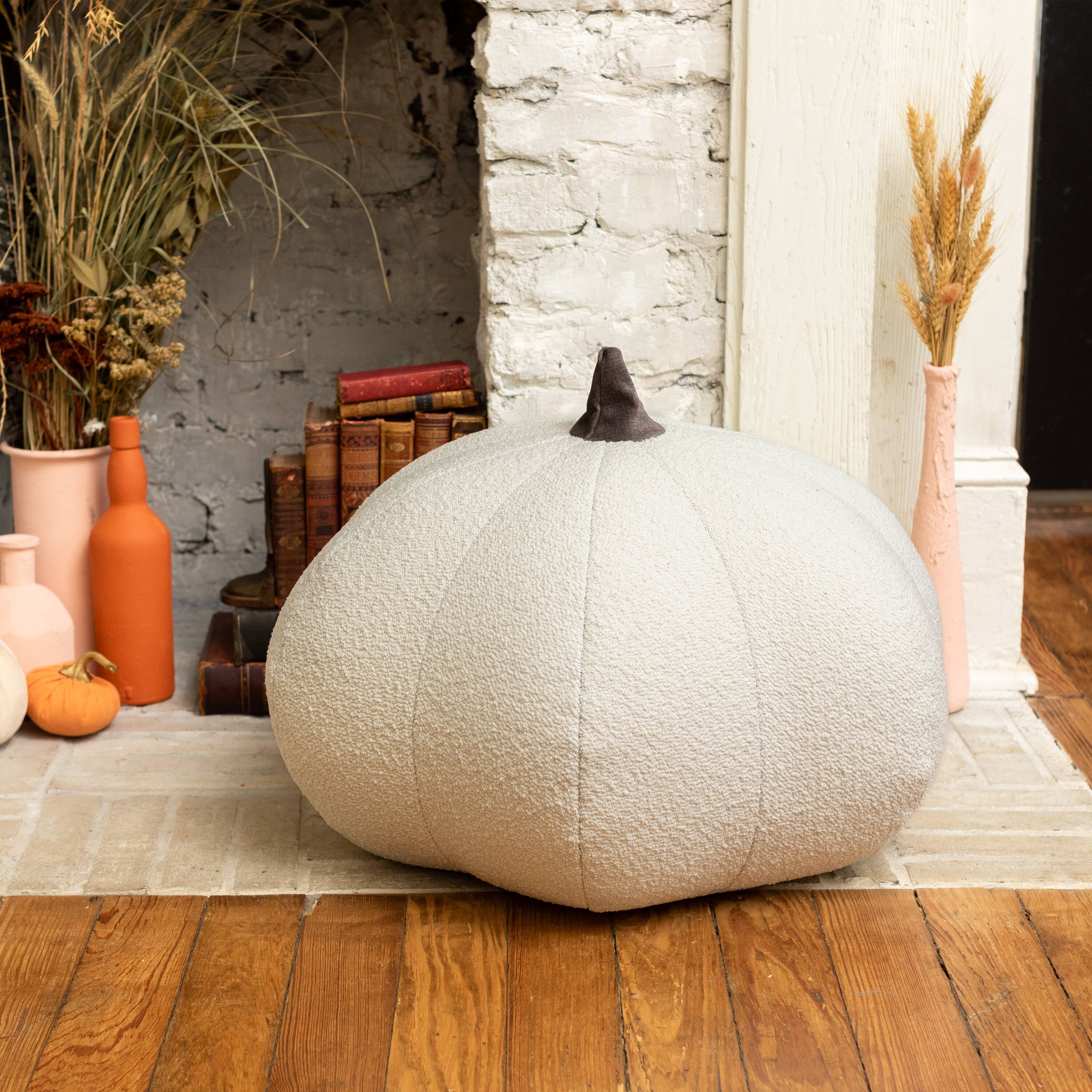 Left. Jaxx - Jaxx Pumpkin Pouf - Luxurious Ottoman for Fall & Halloween Décor - Boucle White - Boucle Green.