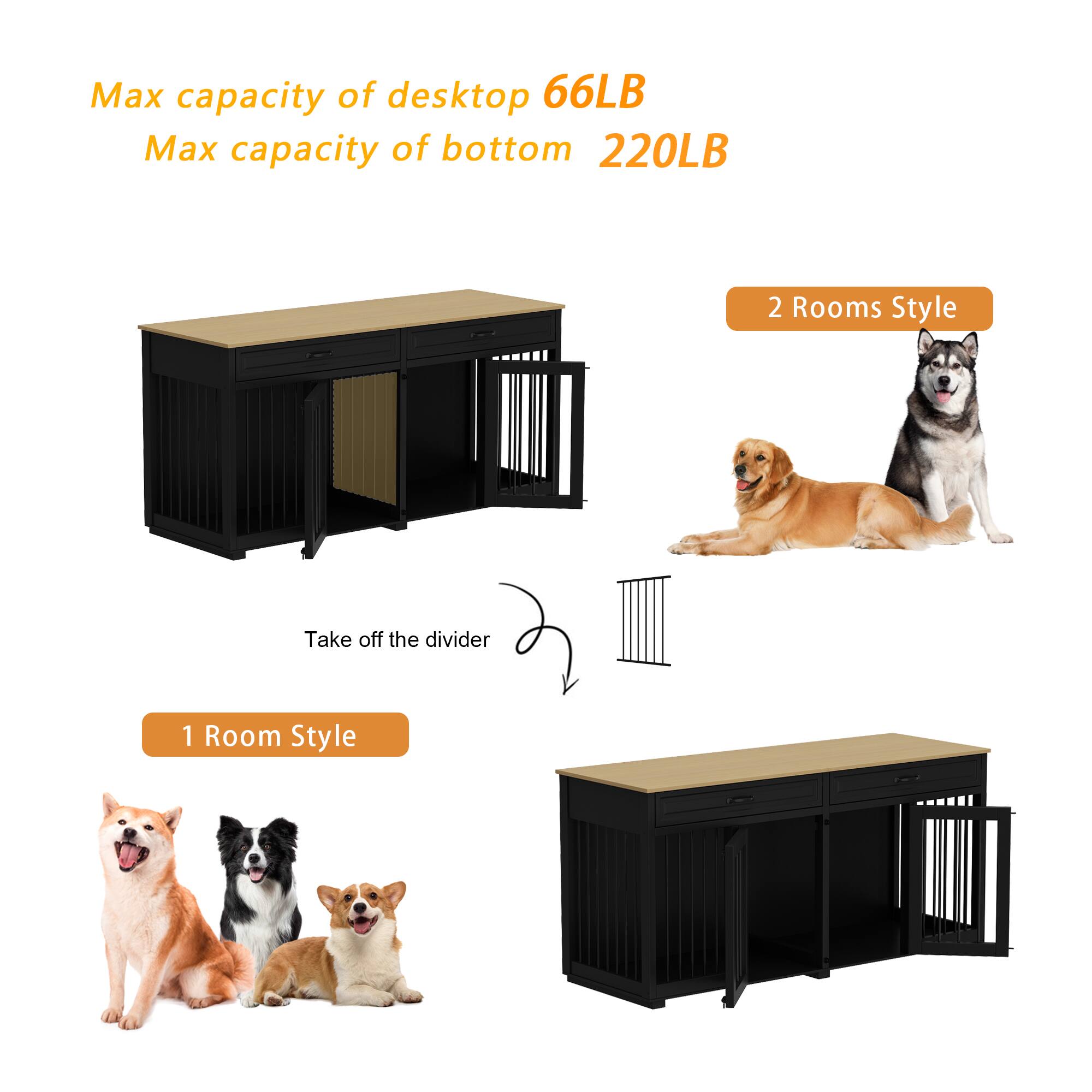 Max capacity of desktop 66LB  
Max capacity of bottom 220LB  

2 Rooms Style  

Take off the divider  

1 Room Style