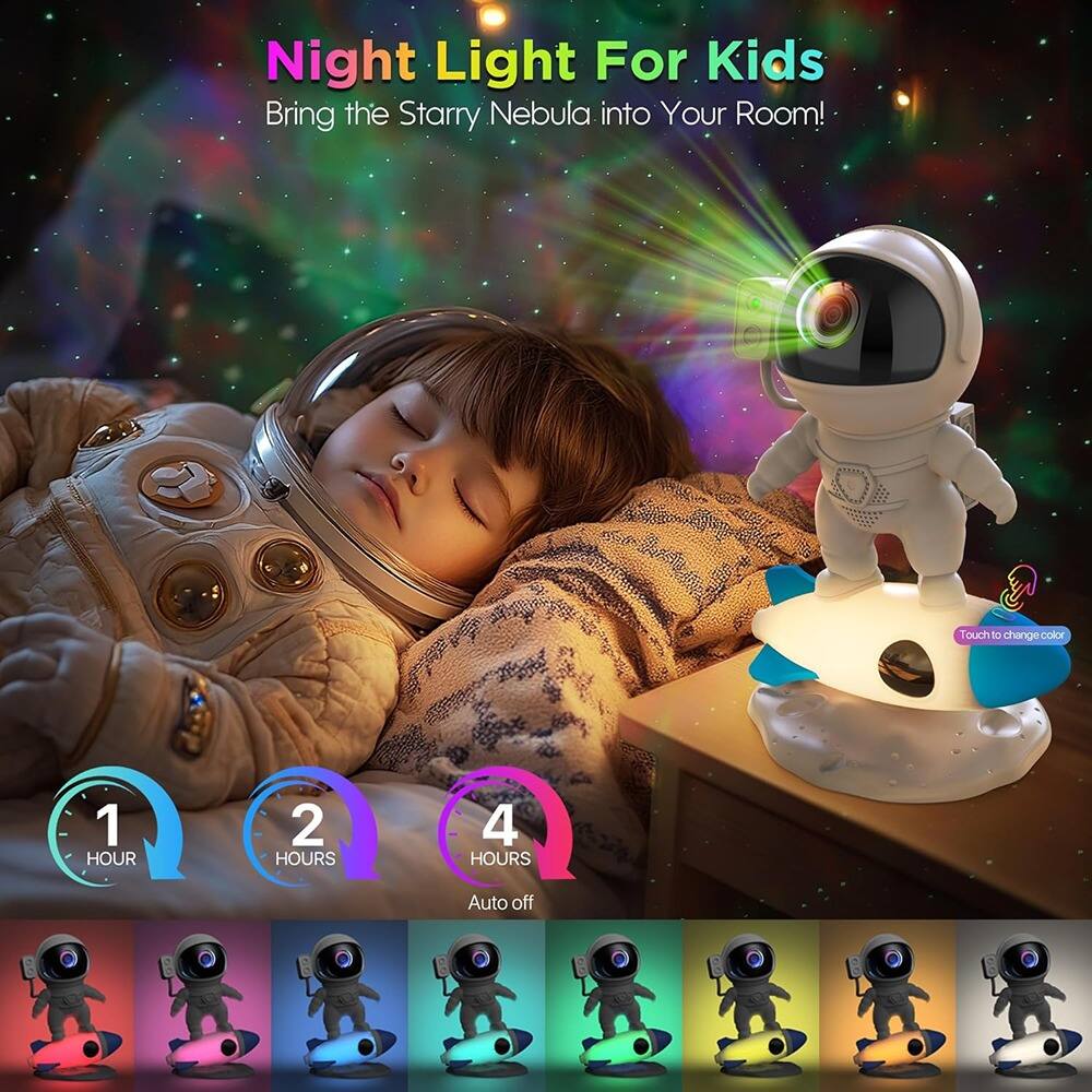 Night Light For Kids  
Bring the Starry Nebula into Your Room!  

2 Touch to change color  

1 HOUR  
2 HOURS  
4 HOURS  
Auto off  

Touch to change color