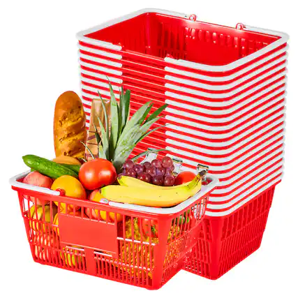 Front. VEVOR - Shopping Baskets, 20 PCS, 21L Stackable PE Plastic Grocery Baskets with Handles, Dense Mesh Structure - Red.