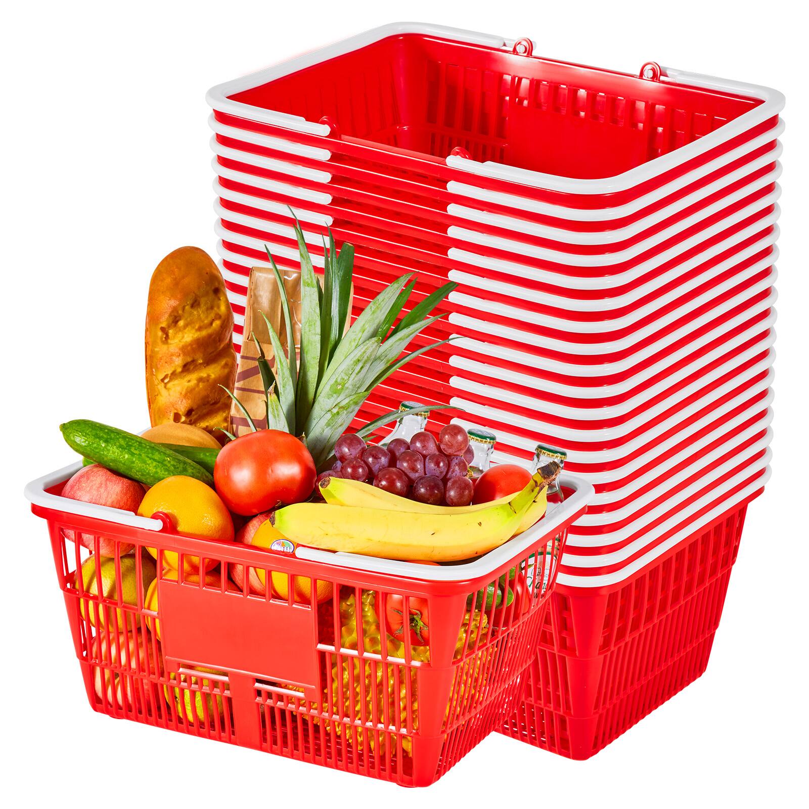 Front. VEVOR - Shopping Baskets, 20 PCS, 21L Stackable PE Plastic Grocery Baskets with Handles, Dense Mesh Structure - Red.