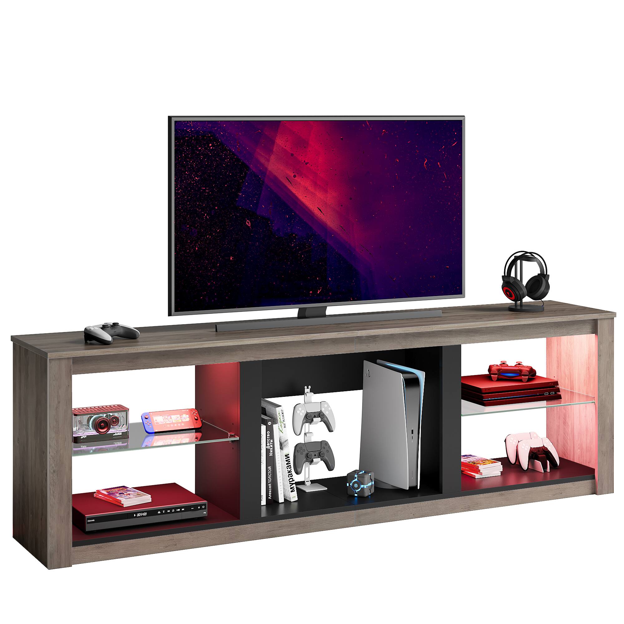 Bestier - 70" TV Stand with LED Lights and Glass Shelves for TVs up to 75" - Grey Wash