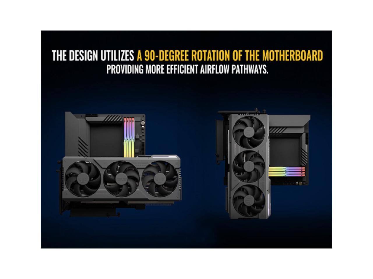 The design utilizes a 90-degree rotation of the motherboard providing more efficient airflow pathways.