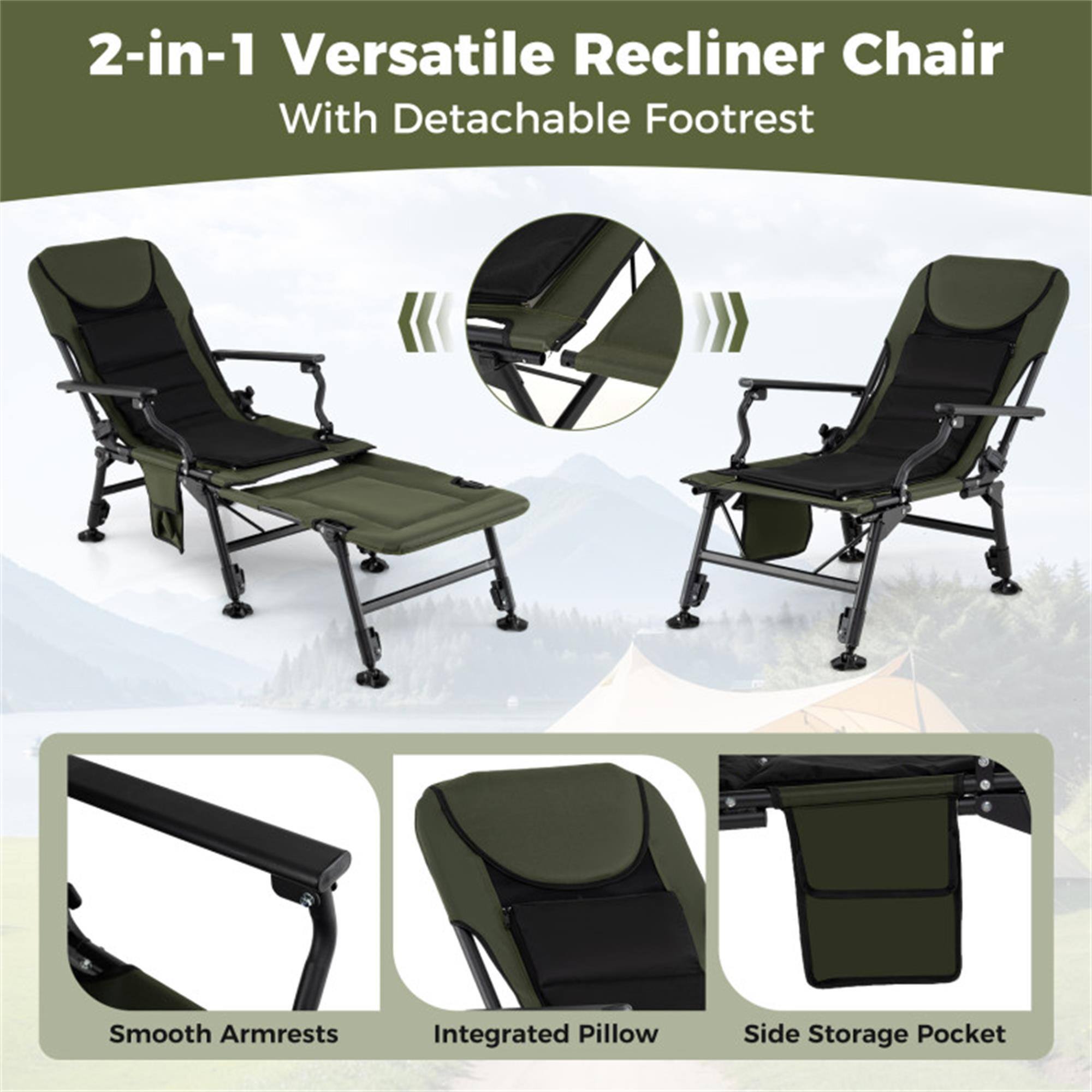 2-in-1 Versatile Recliner Chair  
With Detachable Footrest  

- Smooth Armrests  
- Integrated Pillow  
- Side Storage Pocket